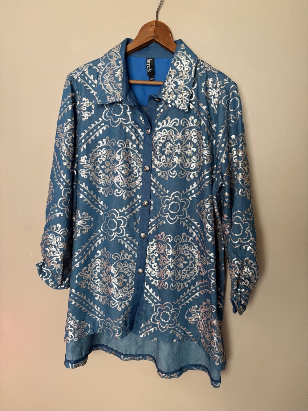 BEREK denim button down shirt silver metallic floral damask shimmer tunic EUC L